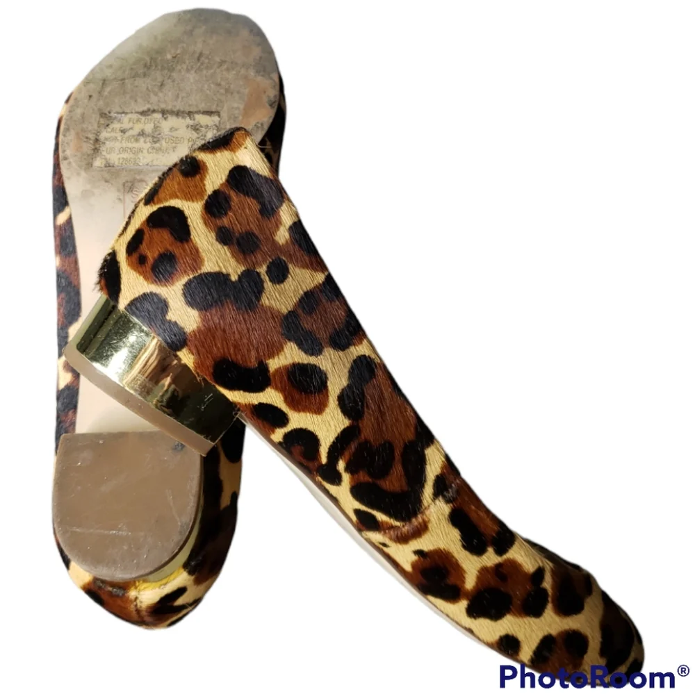 Steven Paigge Leopard Calfskin Flats Gold Heel  Animal Mob Wife Leather Size 7.5